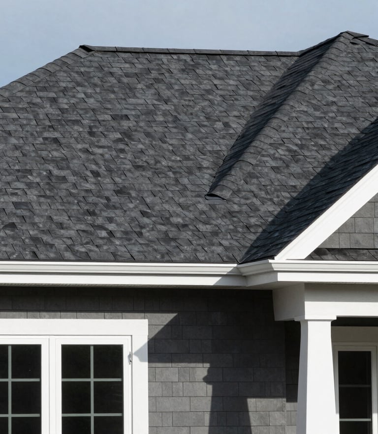 The exterior of a modern North American suburban house showcasing a newly installed dark charcoal grey shingle roof and crisp white window frames, daytime lighting.