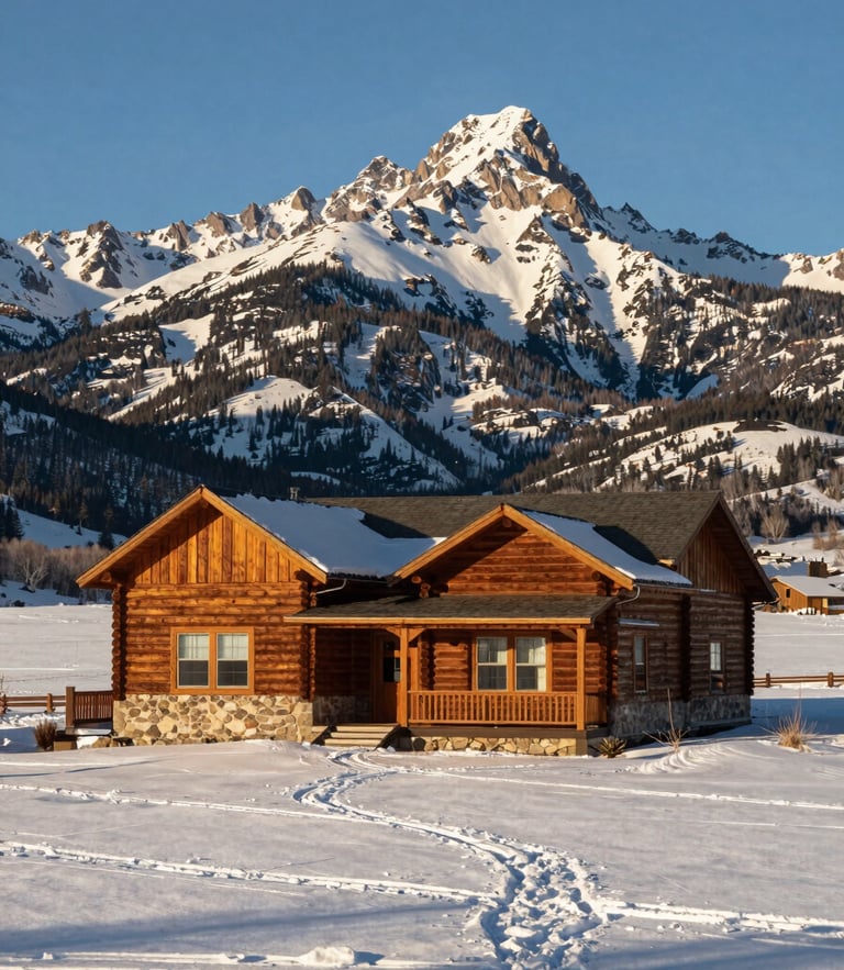 Wide panoramic shot of a timber-and-stone mountain home in Freedom, Wyoming, surrounded by snow under crisp morning sunlight, clear mountain sky.