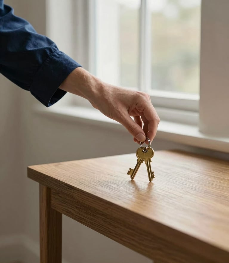 A close-up detail of a hand placing a set of brass keys on a clean, solid oak console table, soft natural overcast daylight filtering through a window, minimalist elegant interior, 35mm lens.