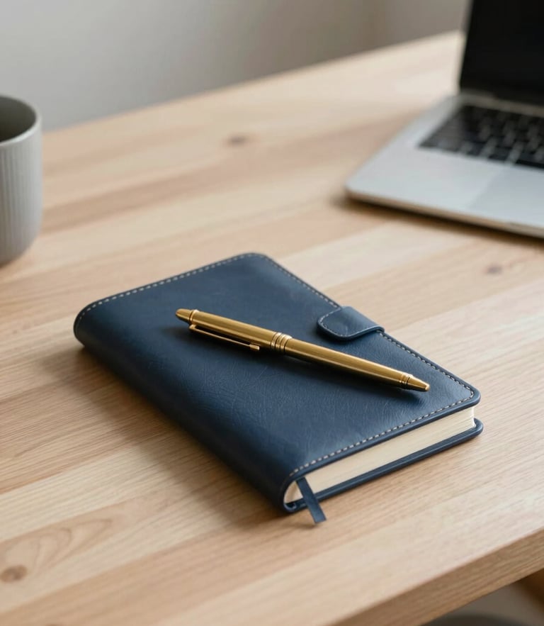 Soft natural daylight falling on a clean, organized wooden desk with a leather notebook and an elegant brass pen, warm minimalist domestic office, 35mm lens