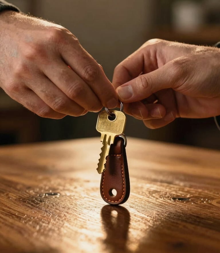A close-up of hands handing over brass house keys with a simple leather keychain, warm golden hour light reflecting off a wooden tabletop.