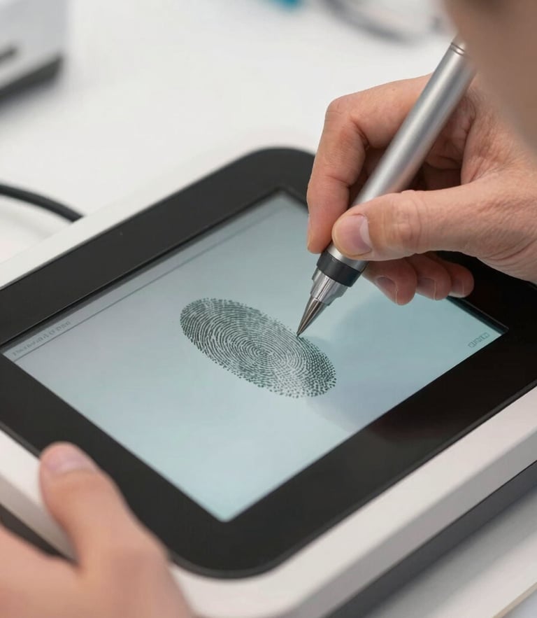 Close-up clinical shot of a professional technician guiding a hand onto a clean glass digital fingerprint scanner under bright daylight, no shadows.
