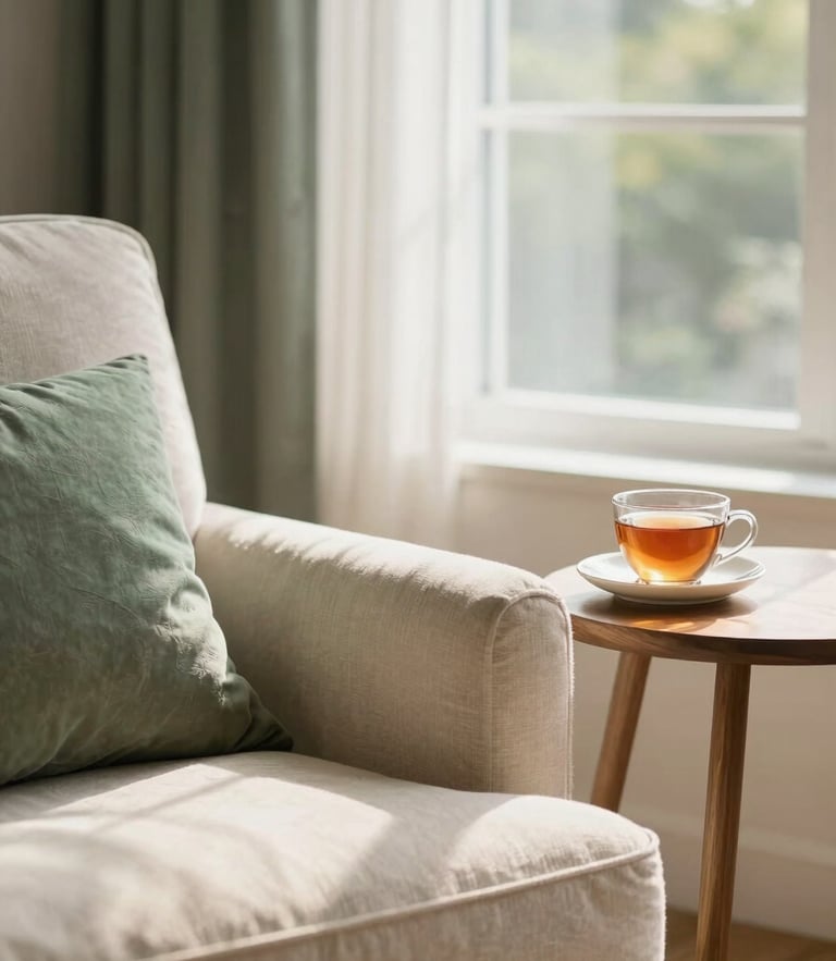 Warm sun-drenched private room with soft morning window light, a comfortable armchair, a small wooden side table with a warm cup of tea, rich cream and muted forest green accents, shallow depth of field.