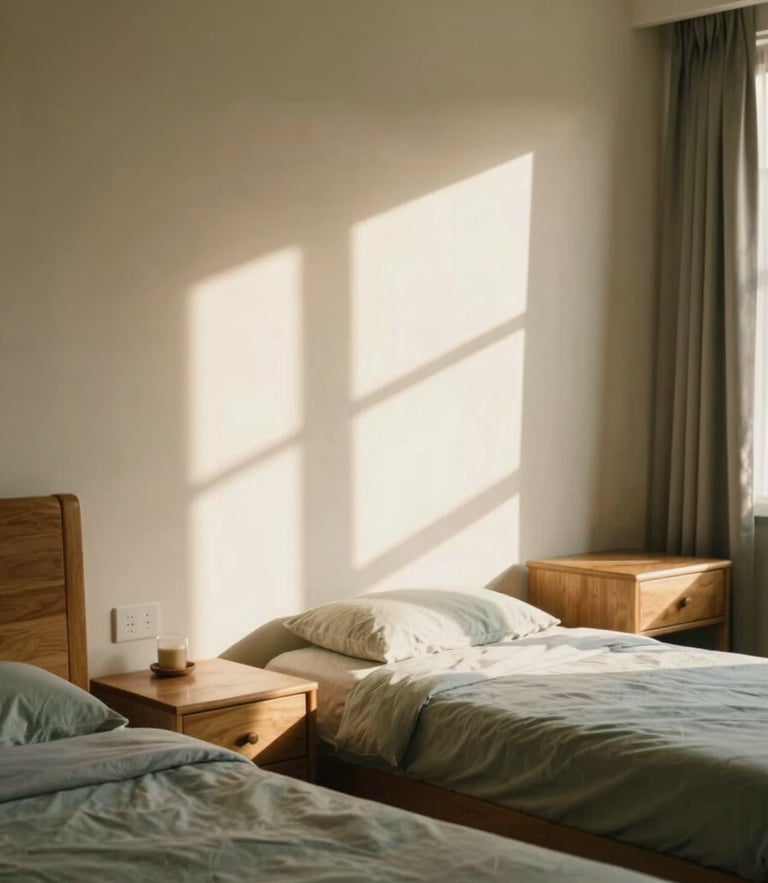 A warm, sun-drenched private senior residence room with comfortable wooden furnishings, soft morning window light casting elegant shadows on a cream wall, shallow depth of field, peaceful atmosphere.