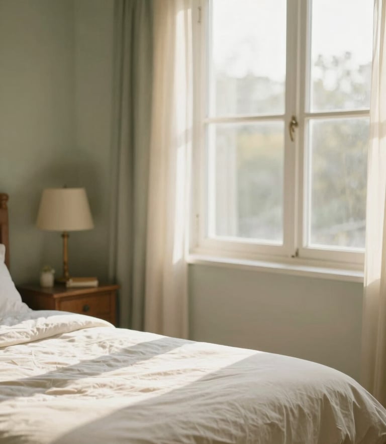 A sun-drenched, comfortably furnished private room in a senior residence, warm morning window light, soft cream and muted green tones, shallow depth of field