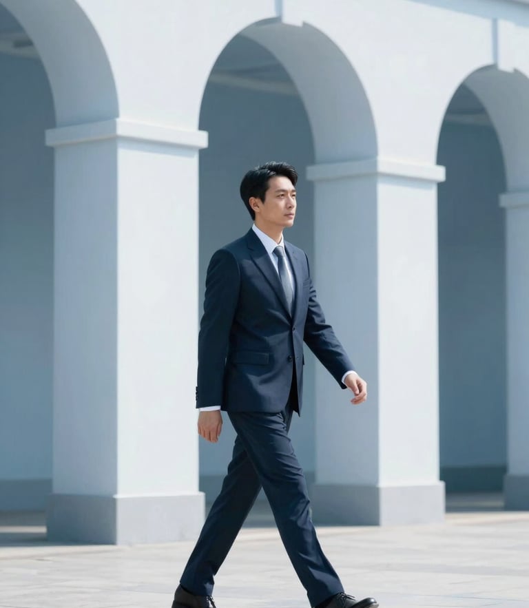 A bright, natural daylight photo of a professional walking past modern European architectural arches, cool blue tones, shallow depth of field, 35mm