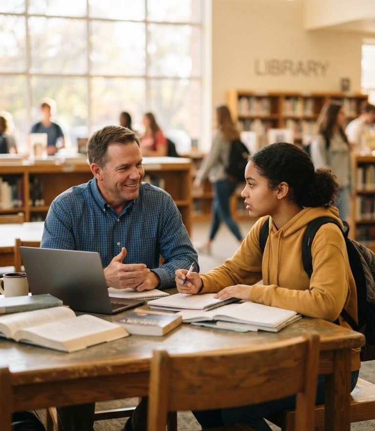 A candid medium shot of a local Indiana business owner mentoring a high school student in a bright school library, warm natural window light, shallow depth of field.