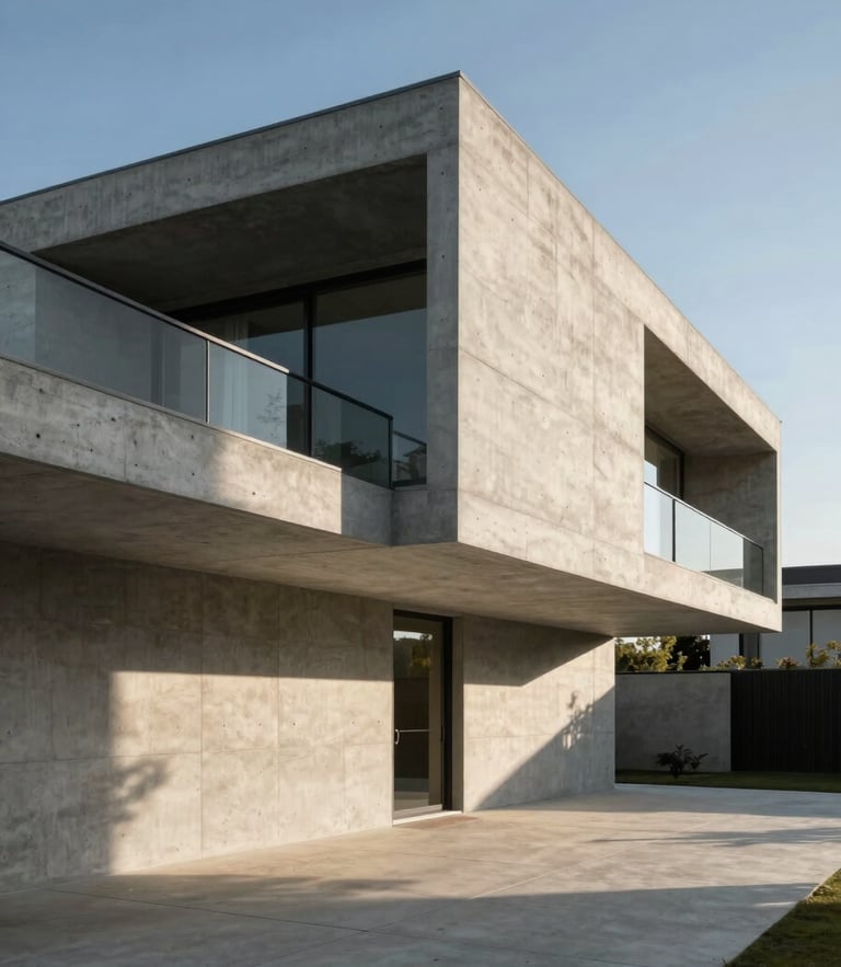 One-point perspective elevation of a modernist concrete residence, sharp geometric shadows cast by harsh afternoon sun, minimal landscape, empty of people.