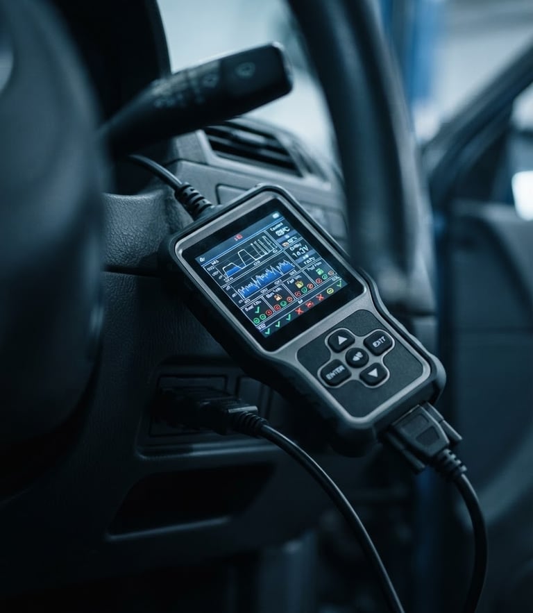 Macro shot of a diagnostic screen plugged into a car dashboard, cool-toned workshop lighting, sharp focus on the digital interface, 35mm lens