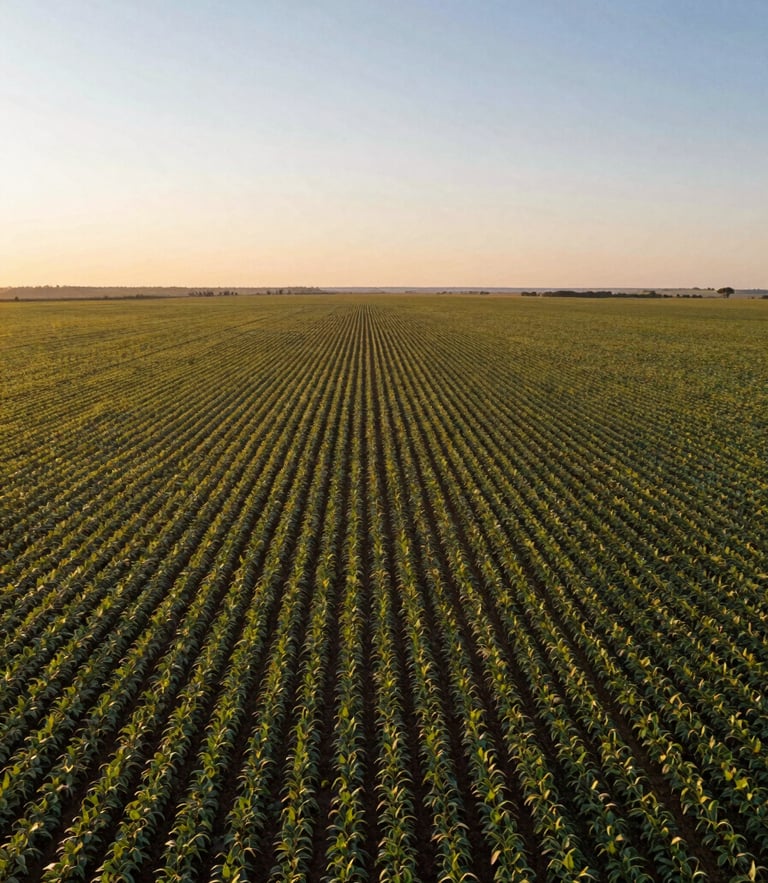 Wide-angle drone aerial shot of vast, high-scale soybean plantations in Mato Grosso during golden hour, sharp geometric planting lines stretching to the distant flat horizon, warm sunlight.