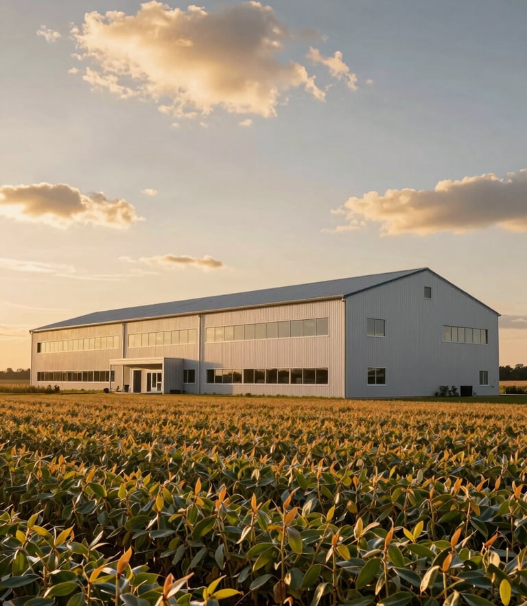 Low-angle shot of a modern, architectural farm headquarters building surrounded by vast soybean fields under a dramatic golden hour sky, clean lines.