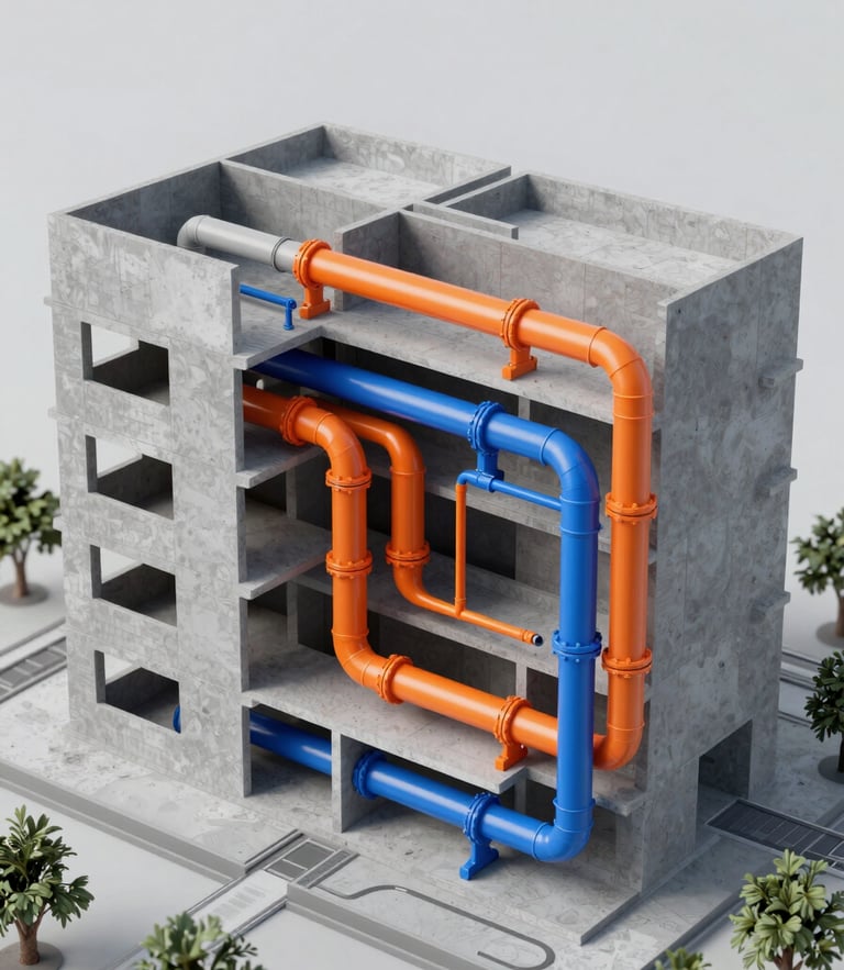 Vista axonométrica técnica de un modelo BIM que muestra tuberías sanitarias de PVC naranja y azul coordinadas sin colisiones dentro de una estructura de concreto gris, renderizado clínico y detallado.