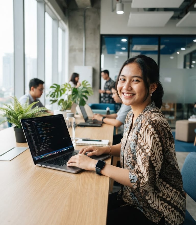 Indonesian student smiling in a bright modern tech workspace, laptop open with code on screen, soft natural window light, modern editorial photography style