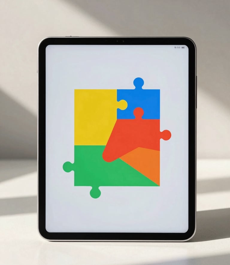 Front-on studio shot of a modern Android tablet displaying a colorful, clean geometric puzzle interface, soft natural shadows, bright even lighting.