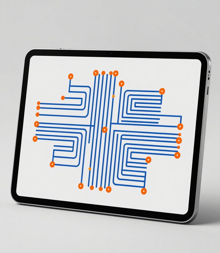 A high-fidelity vector mockup of a sleek Android tablet showing a complex geometric logic puzzle. Bright digital-ink blue lines and orange nodes form a circuit-like web on a clean light gray screen, minimalist studio lighting.
