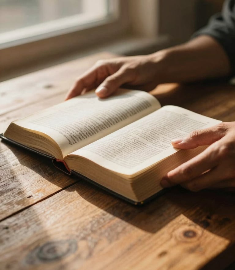 A close-up shot of hands holding an open Bible on a rustic wooden table, warm golden hour light filtering through a window, rich organic tones, shallow depth of field, 35mm film look