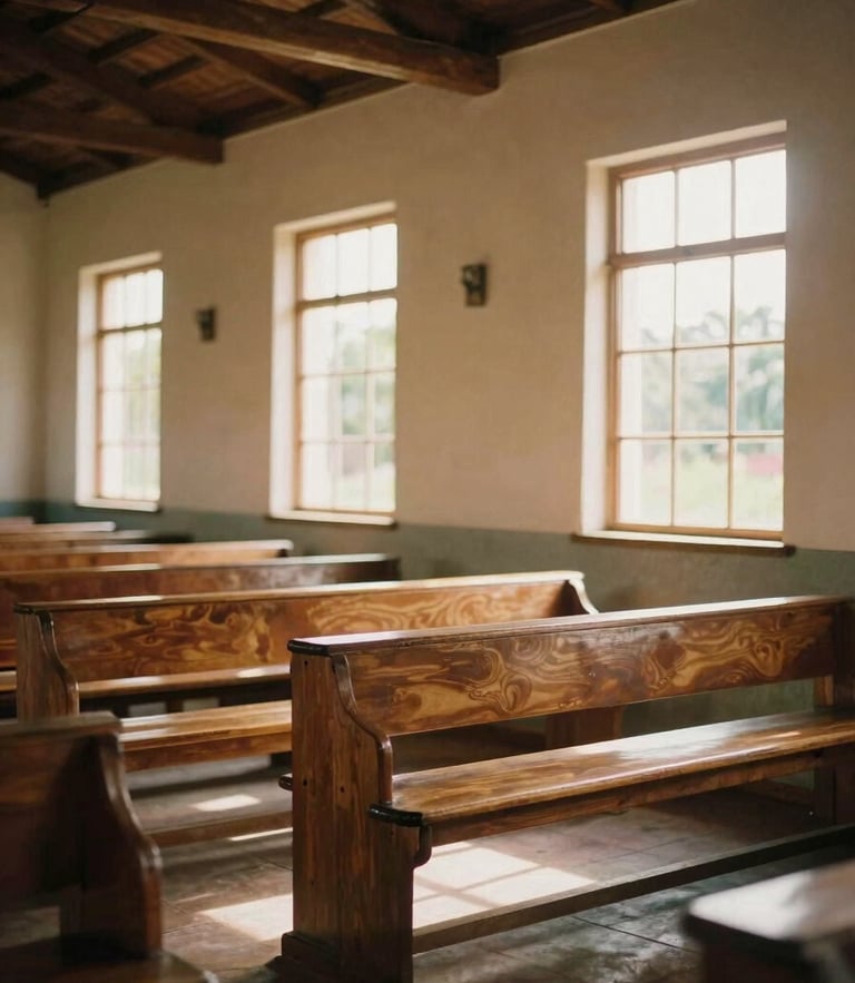 Warm golden hour light filtering through the windows of a humble local church sanctuary in Isabela, wooden pews, peaceful atmosphere, 35mm film look.