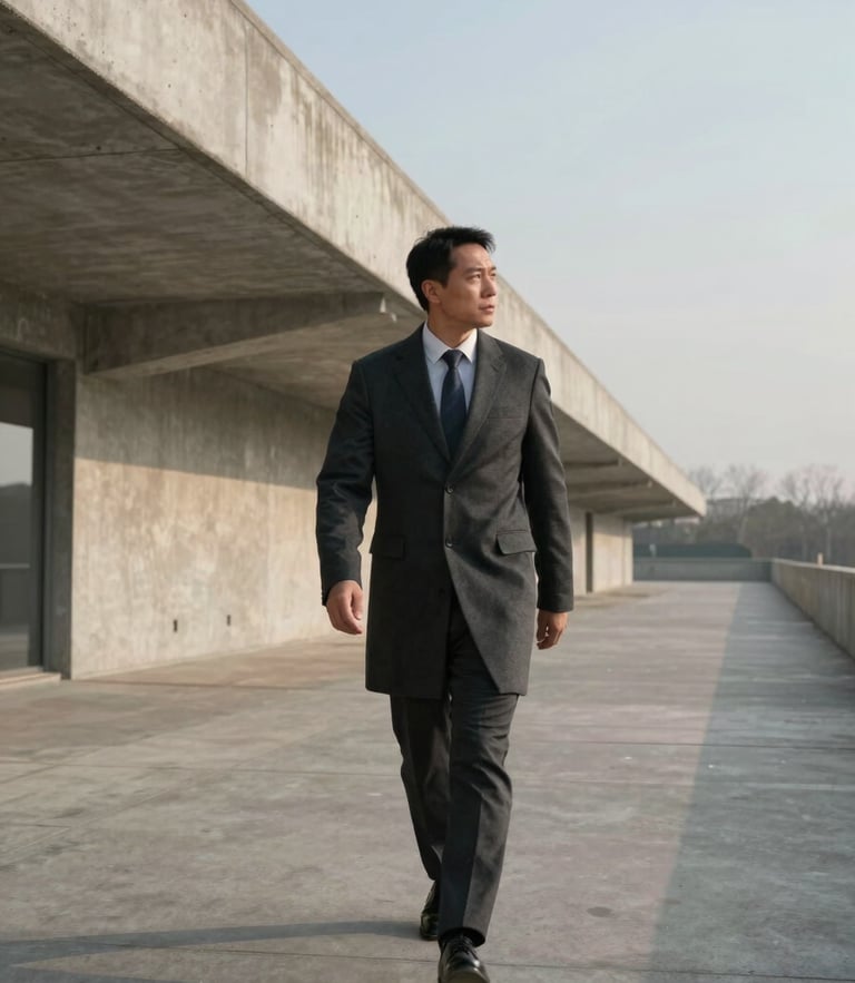 Wide environmental shot of a manager in a charcoal coat walking along a concrete architectural pathway under crisp morning light, looking toward the horizon.