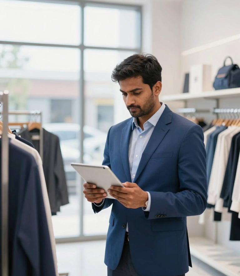 A focused Indian retail shop owner managing stock on a tablet inside a bright, modern clothing store, clean daylight, professional atmosphere