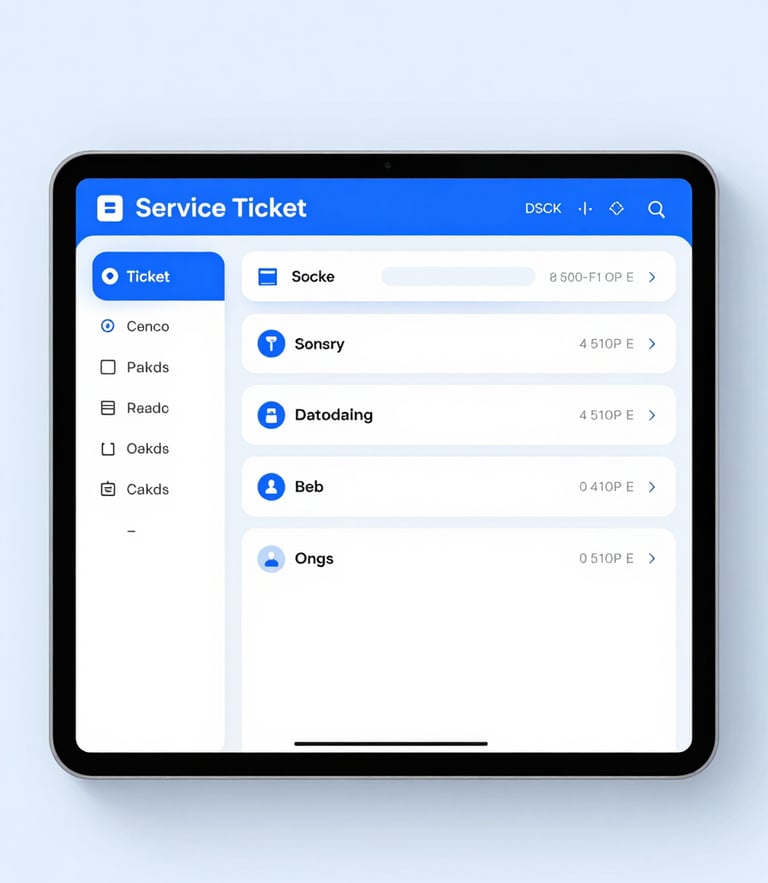 Straight-on clean digital UI render of a service ticket dashboard on a tablet, bright studio lighting, professional corporate blue tones, high-fidelity