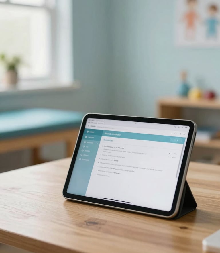 A warm, professional pediatric therapy workspace with soft natural daylight, a tablet displaying clean clinical software on a wooden table, calming sage tones, shallow depth of field.
