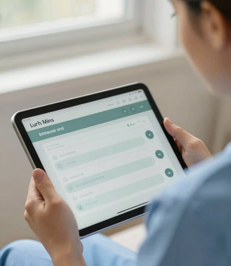 Close-up of a therapist in warm natural daylight using a tablet with a clean software interface, muted blue and sage tones
