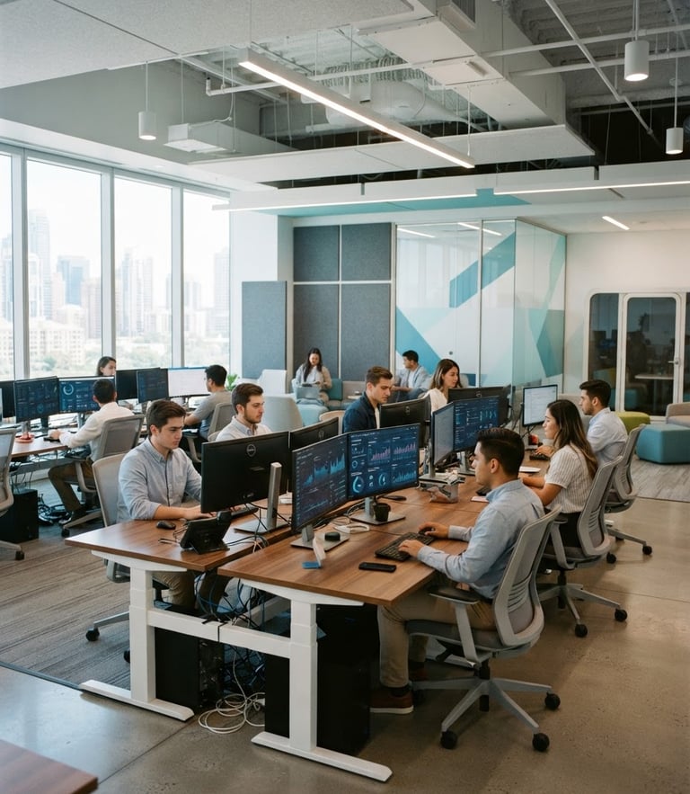 Wide environmental shot of a modern, clean, well-lit collaborative workspace with high-tech agent setups, dual monitors displaying data dashboards, bright clean office daylight with subtle cool blue and teal accents, sharp focus, 35mm