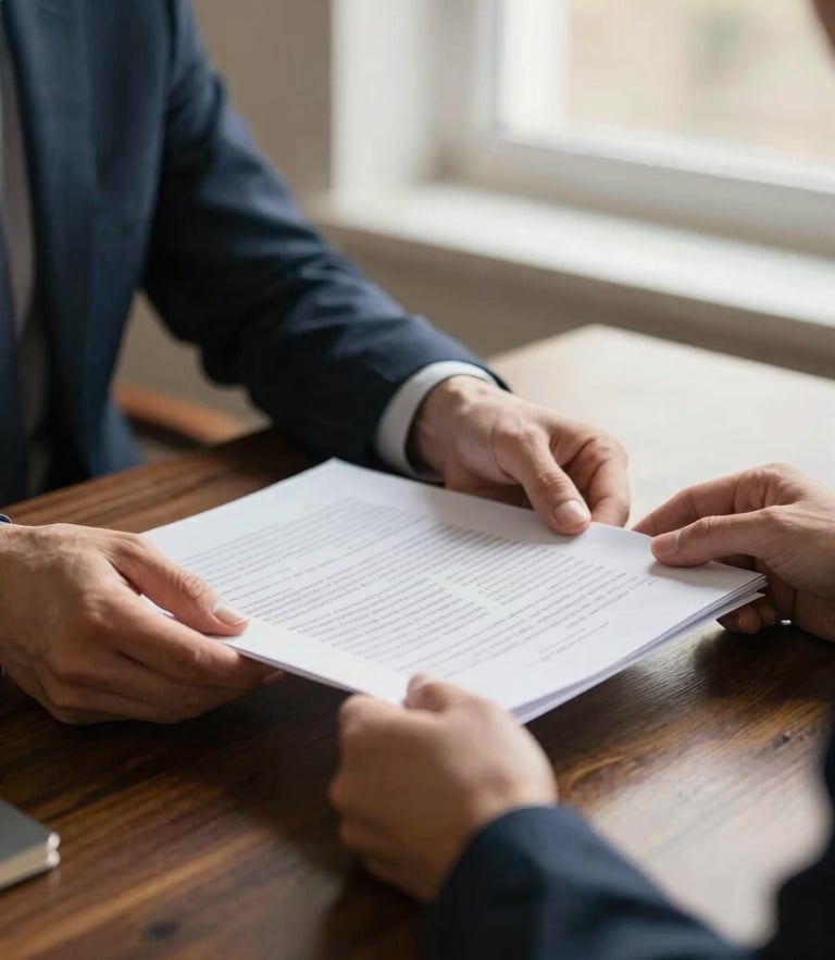 A hands-on view of an investor reviewing physical financial documents on a dark wooden table under soft, warm window light.