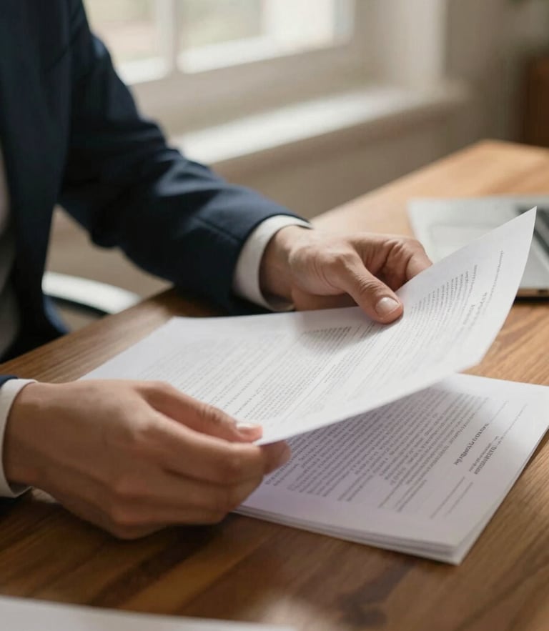 A professional close-up of hands reviewing physical financial documents on a wooden desk under warm, natural window light