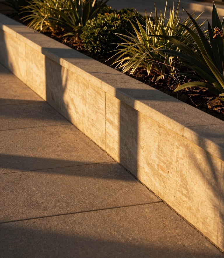 Low-angle architectural garden setting, a composite planter bed casting long shadows in golden hour light, 35mm lens