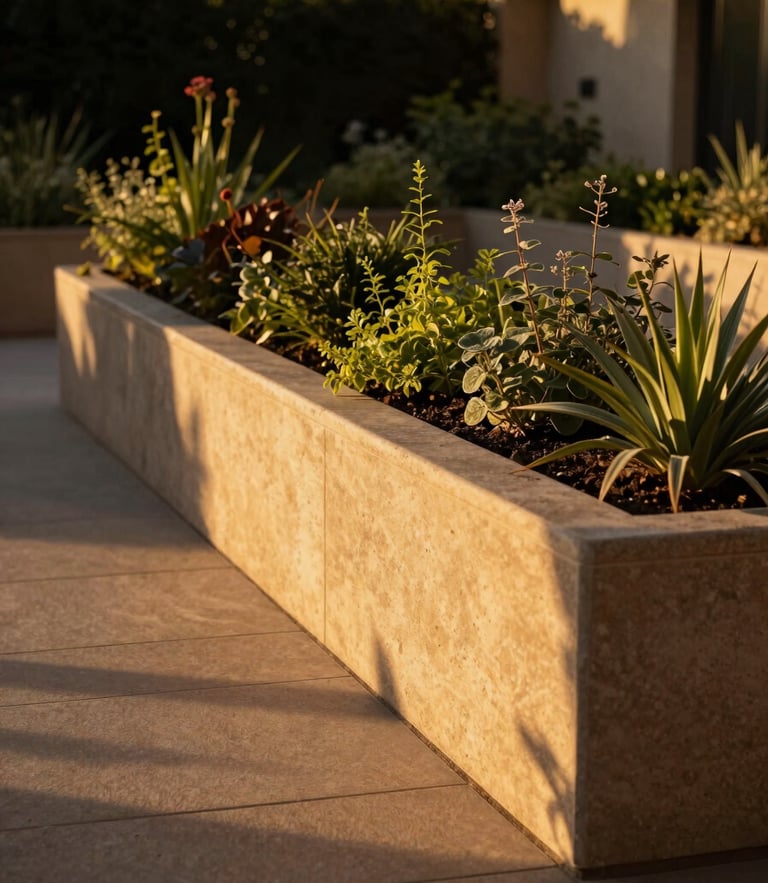 Low-angle environmental shot of a raised composite herb planter bed in a lush architectural garden, warm late-afternoon golden-hour sunlight casting long, dramatic shadows, 35mm lens, rich earthy tones.