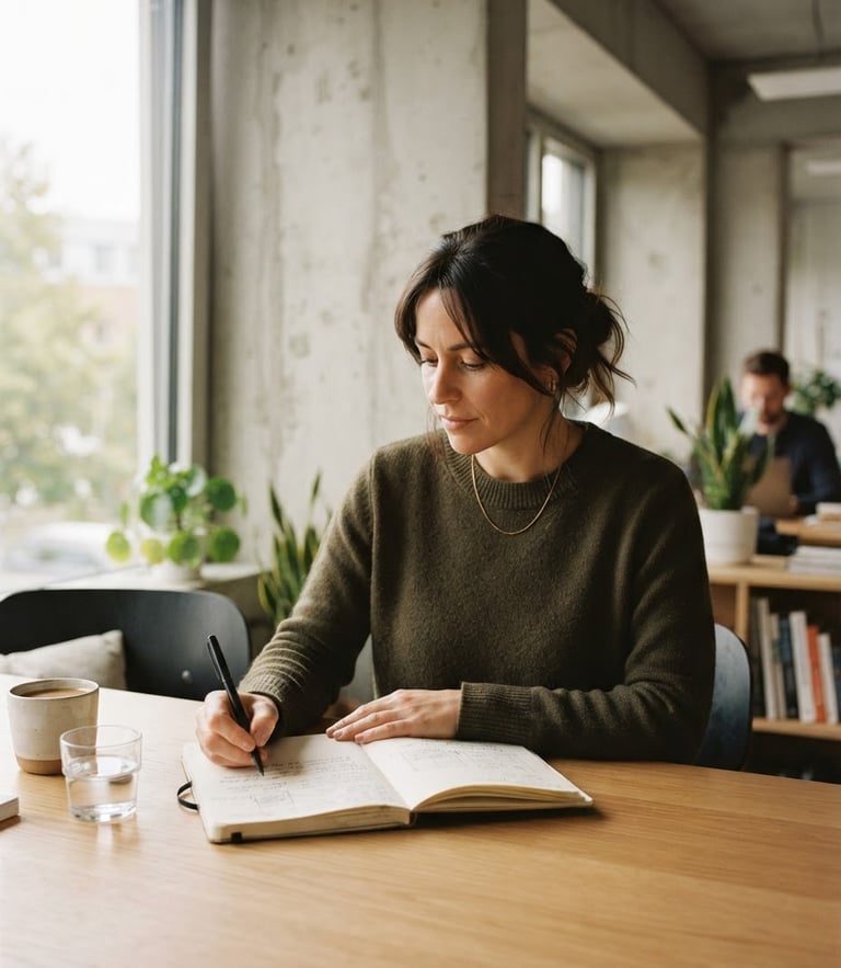 A quiet, thoughtful professional writing in a notebook in a modern, daylight-filled concrete workspace, soft natural light, architectural framing, warm editorial photography.