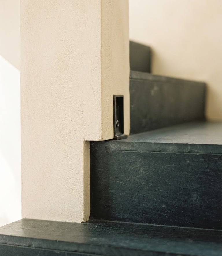 Minimalist architectural detail showing structure and boundaries, soft natural daylight, warm cream and deep slate tones, editorial framing.