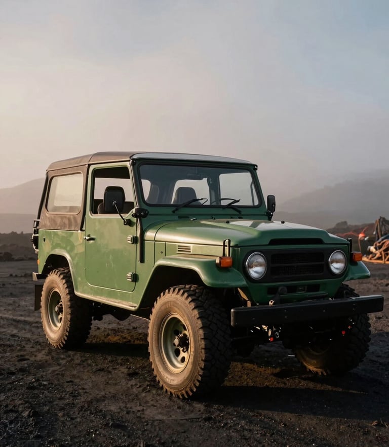 Low-angle shot of a classic open-top rugged green 4x4 Jeep parked on a volcanic ash field under dramatic misty morning light, 35mm film style