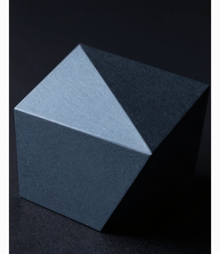 Macro view of a high-contrast 3D geometric render, sharp drop shadows, cool diffused studio lighting, deep charcoal and soft blue tones, minimalist composition