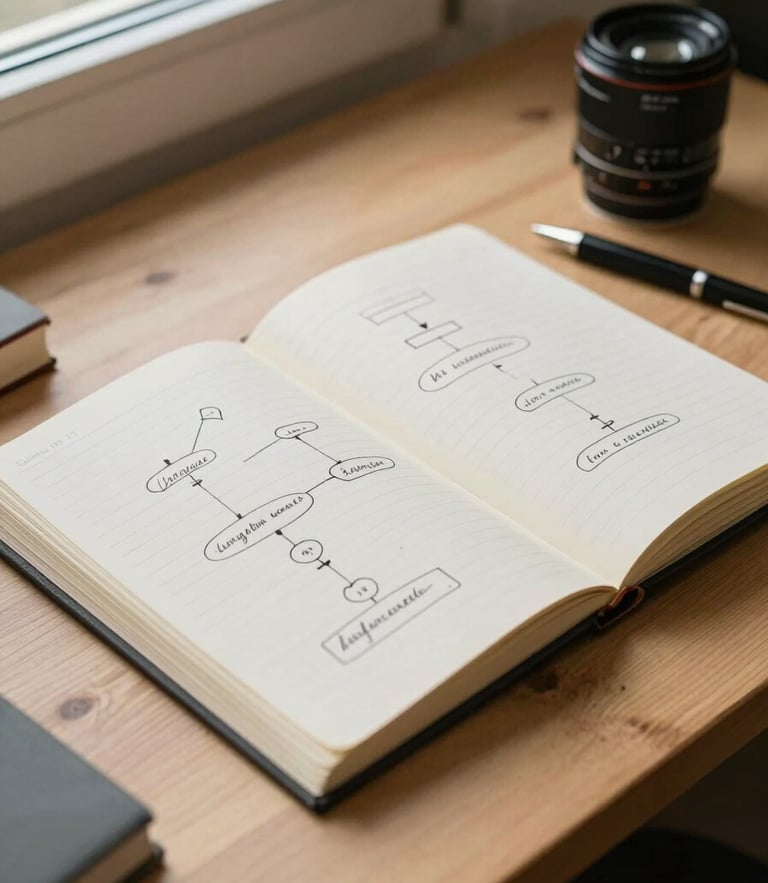 Inquadratura zenitale di una scrivania ordinata con un taccuino aperto, diagrammi logici abbozzati a matita, una penna stilografica, luce naturale del mattino che entra da una finestra laterale, texture di legno chiaro.