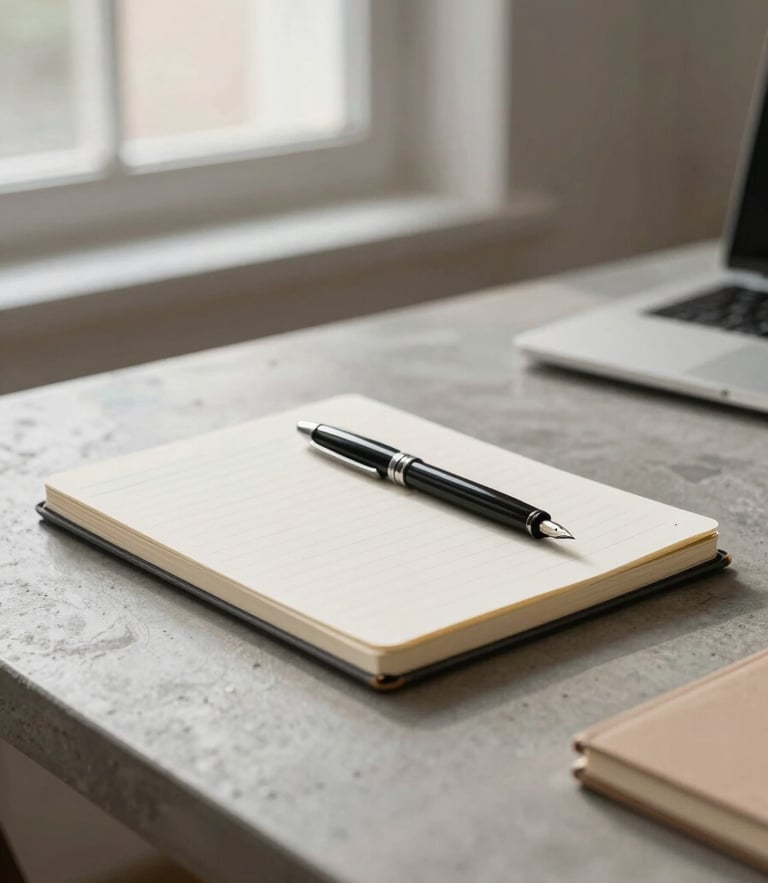 A clean, minimalist workspace in Bergamo, a closed notebook with a fountain pen on a concrete desk, soft morning light filtering through a window, negative space.