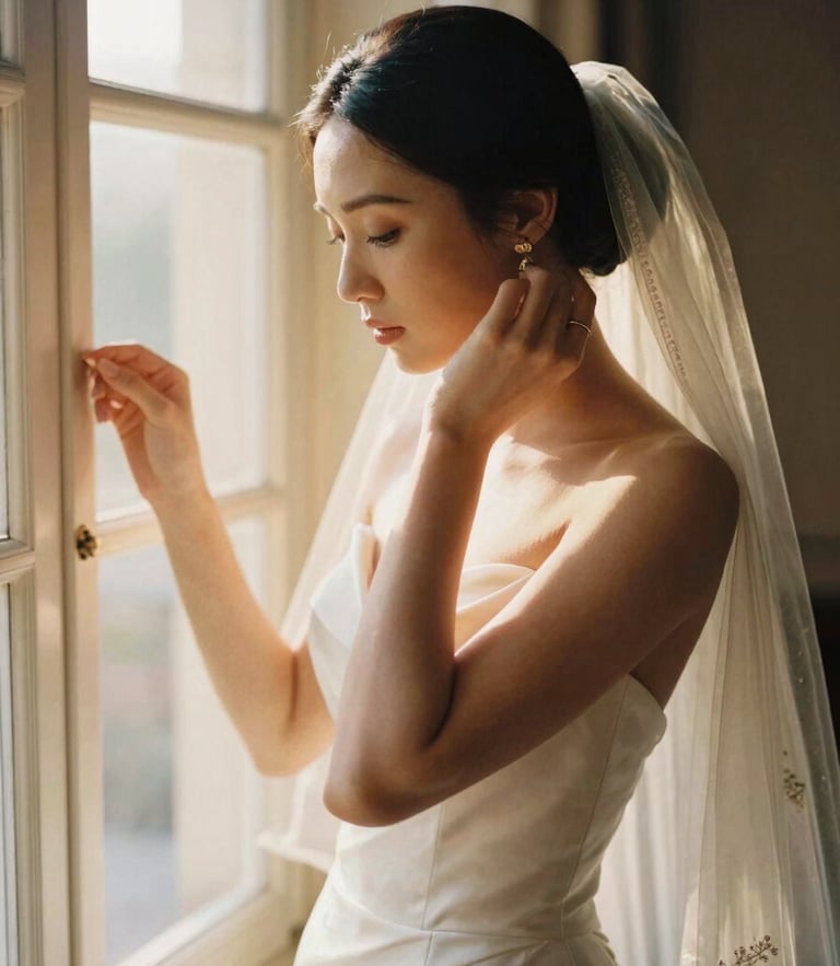 A quiet, elegant bride adjusting her veil by a sunlit window, warm golden-hour tones, shallow depth of field, 35mm film look