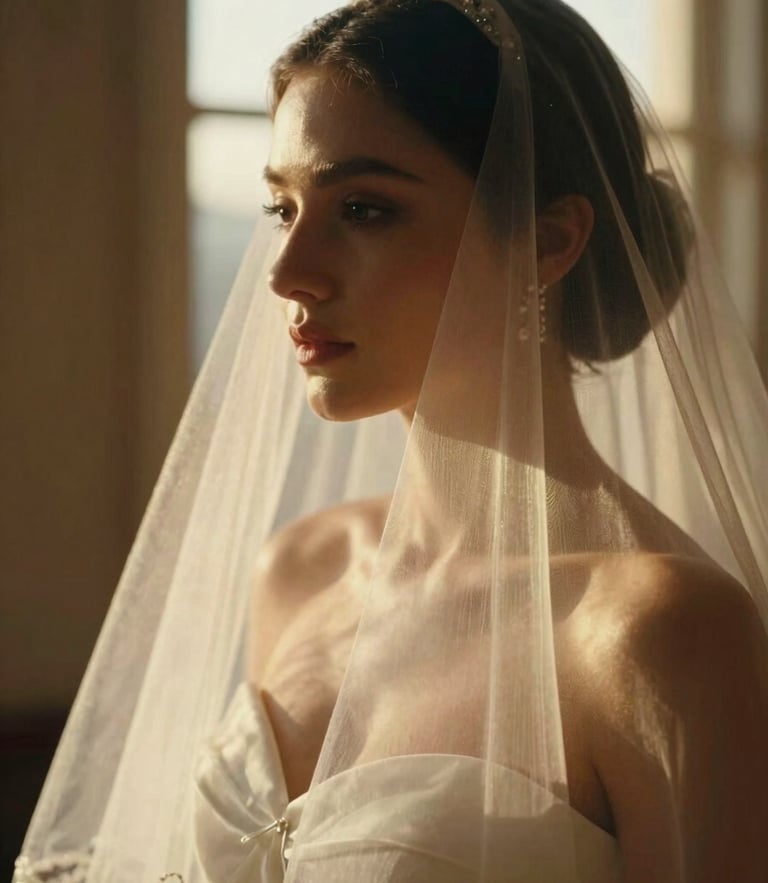 Cinematic close-up of a bride's veil catching soft morning window light, warm golden tones, shallow depth of field, 35mm film look