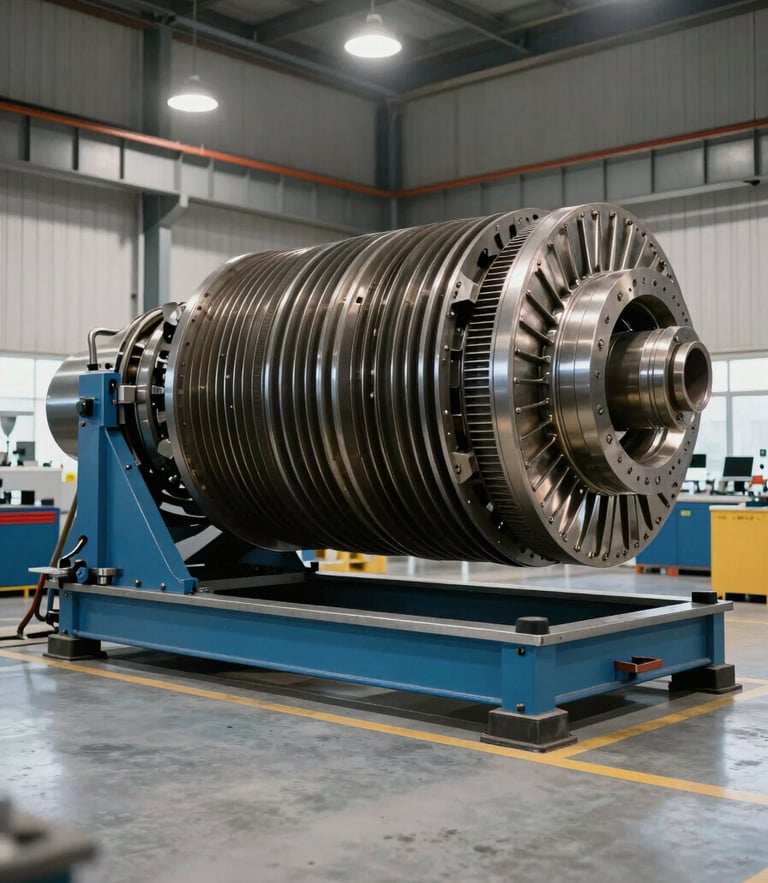 Wide-angle shot of a clean industrial workshop floor, a massive turbine rotor positioned on a balancing rig, cool daylight mixing with warm overhead sodium lamps, high-contrast metallic details.