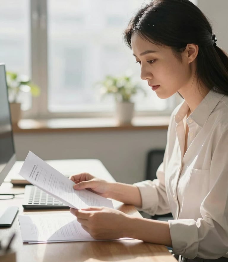 Professional woman reviewing documents in a bright, modern office with soft natural daylight, warm tones, shallow depth of field
