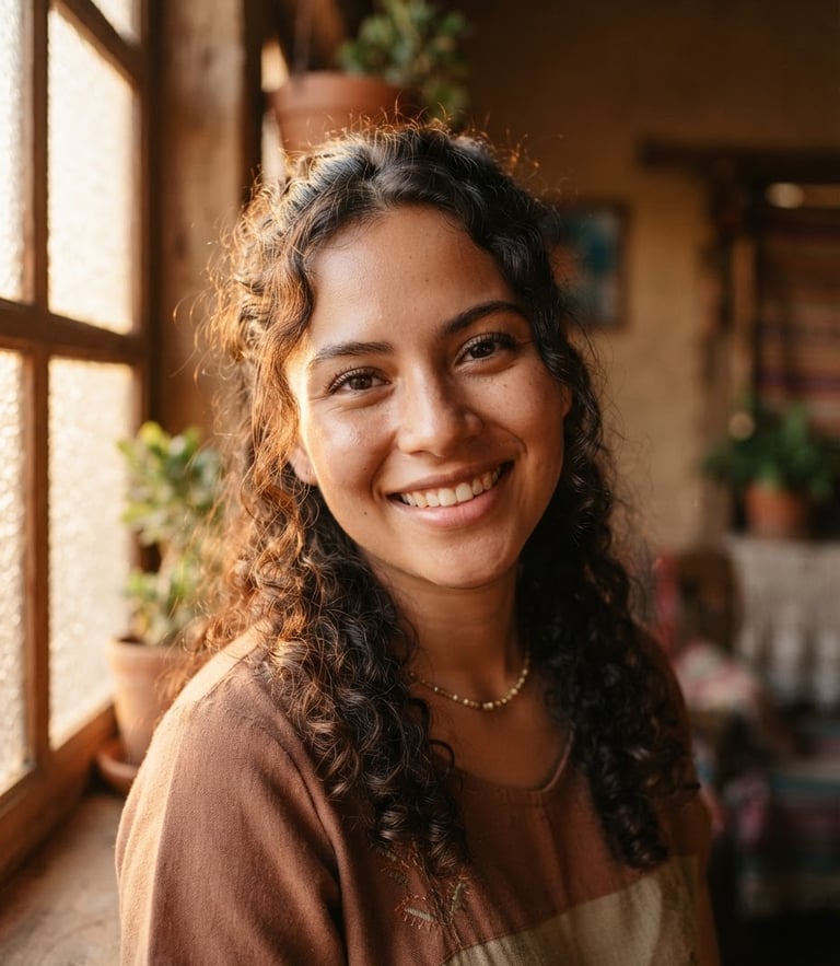 Close-up of a smiling Honduran woman with natural makeup, warm golden hour window light, soft focus, editorial style