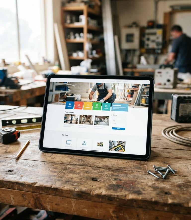 A modern tablet displaying a clean trade service website on a wooden workbench, bright natural Australian daylight, high-contrast, 35mm