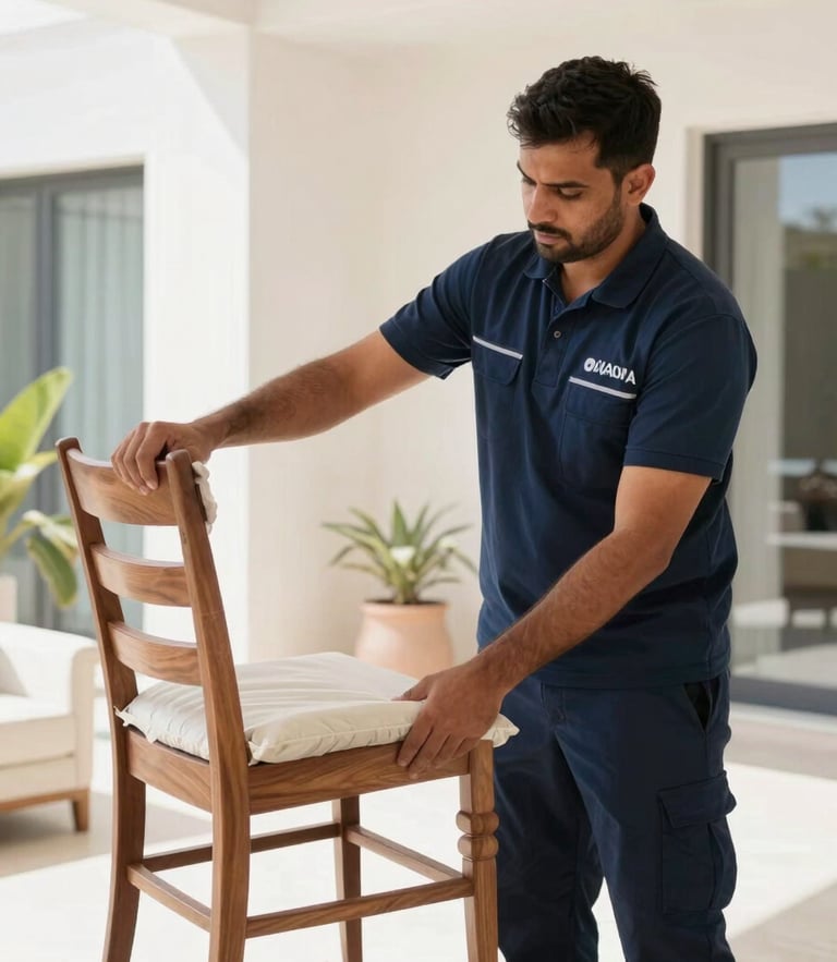 A professional UAE logistics crew member in a clean dark blue uniform, carefully wrapping a designer wooden chair with protective padding inside a bright, modern villa.