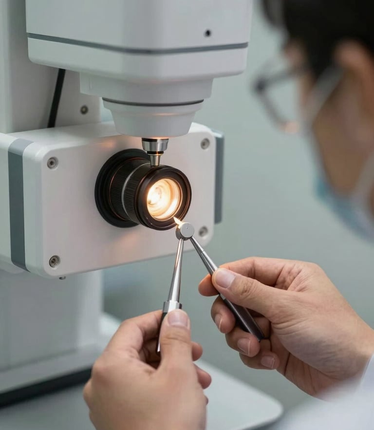 Close-up of a calibration tool measuring radiation output from a dental X-ray machine, hands of a specialized engineer in a clean uniform.