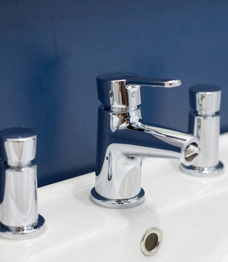 Sharp close-up of clean chrome bathroom fittings, bright daylight reflecting off metallic surfaces, 35mm lens, clean navy background