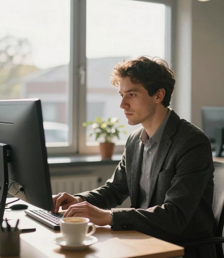 Bright, sunlit Dutch logistics office, a professional looking focused at a screen with a coffee cup nearby, warm morning daylight, soft depth of field.