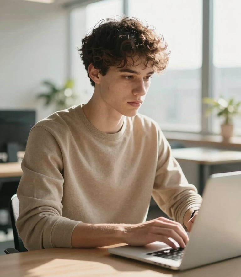 A candid medium shot of a young Dutch professional working on a laptop in a bright, modern office with soft sand tones, warm morning daylight streaming through the window, shallow depth of field.