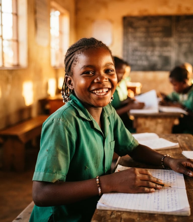 A warm, high-contrast portrait of a young Zambian student smiling in a sunlit classroom, golden-hour light, 35mm film style