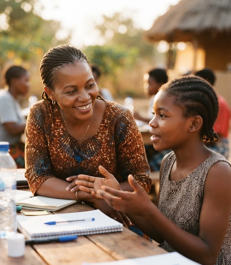 A warm medium close-up of a Zambian professional mentor smiling and listening to a teenager during a workshop, golden-hour natural light, shallow depth of field, 35mm film style